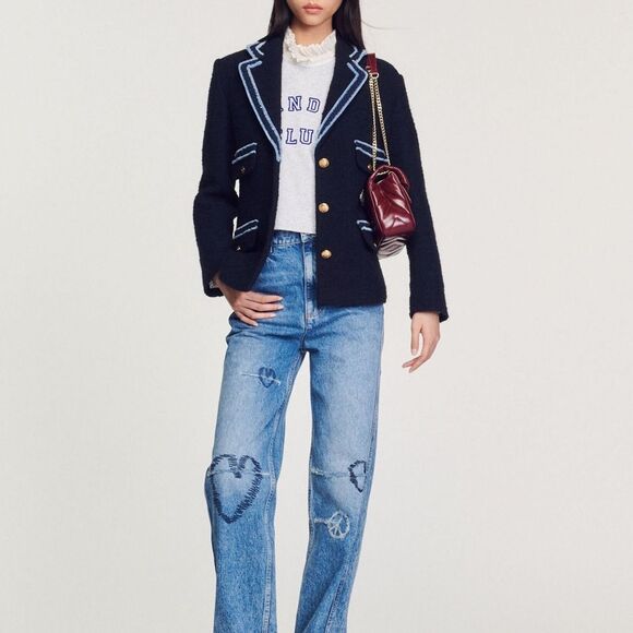 Sandro Noella Navy Tweed Blazer Sz 36 US Sz 4 Braid Trimmed Lined - Picture 12 of 13